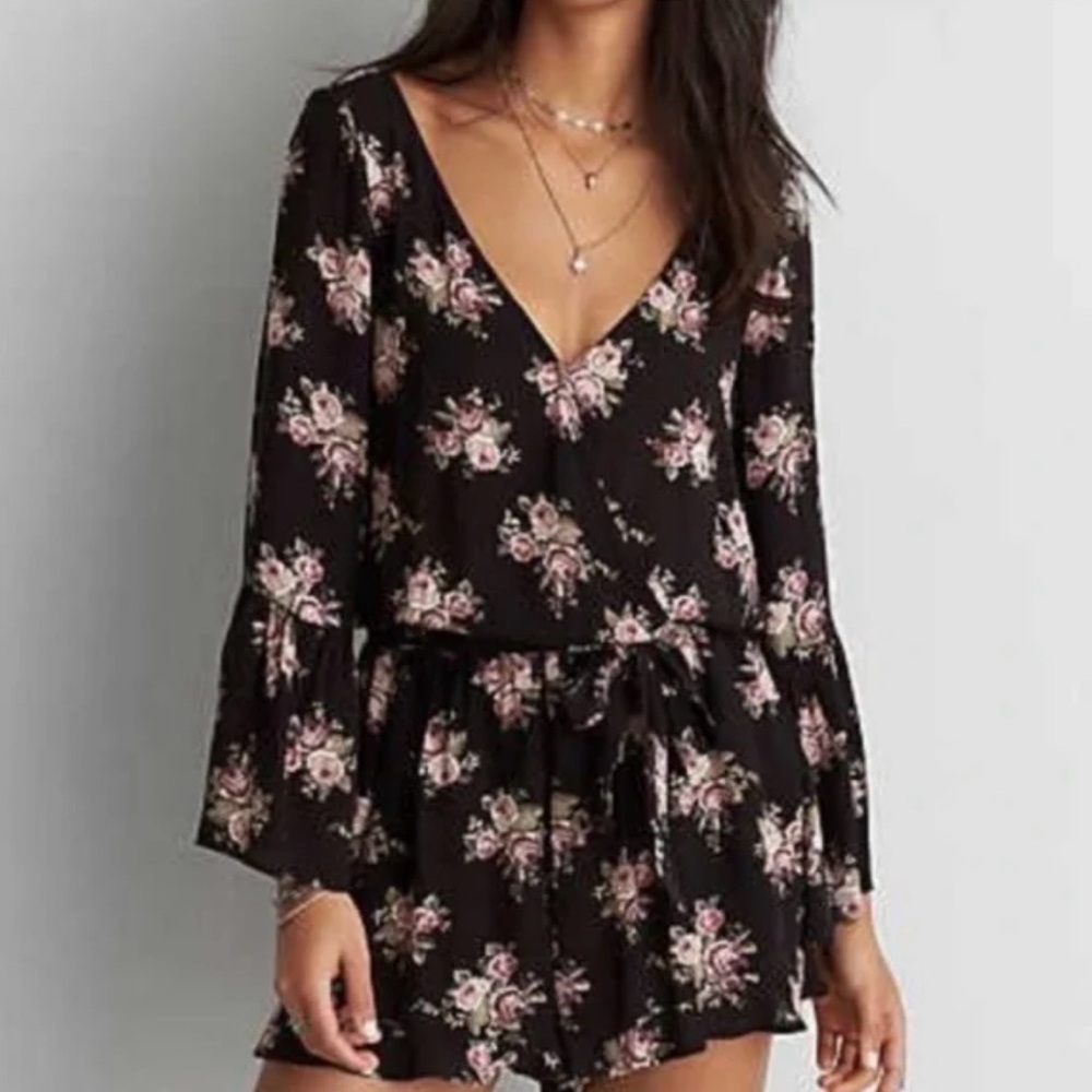 American Eagle Black Rose Floral Bell Sleeve Ruffled Romper